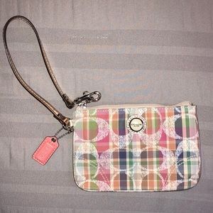 Multicolored Pop Madras Coach Wristlet.